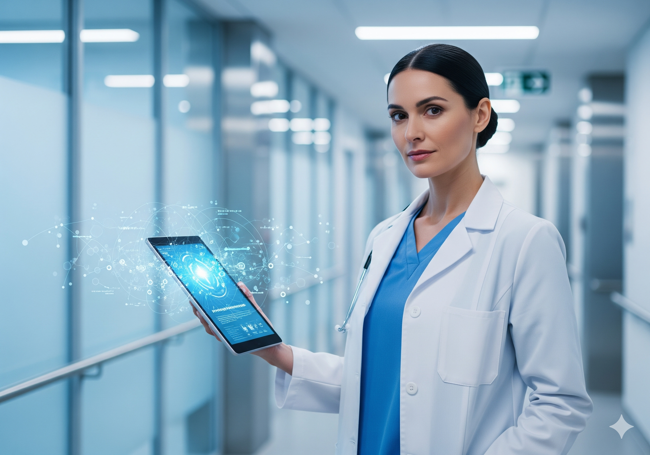 Visuel futuriste et humain d’un soignant équipé d’une tablette