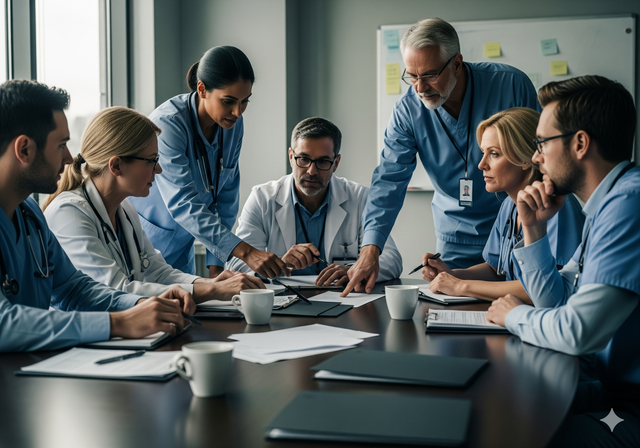 Équipe en réunion de travail pour préparer un projet IA en santé